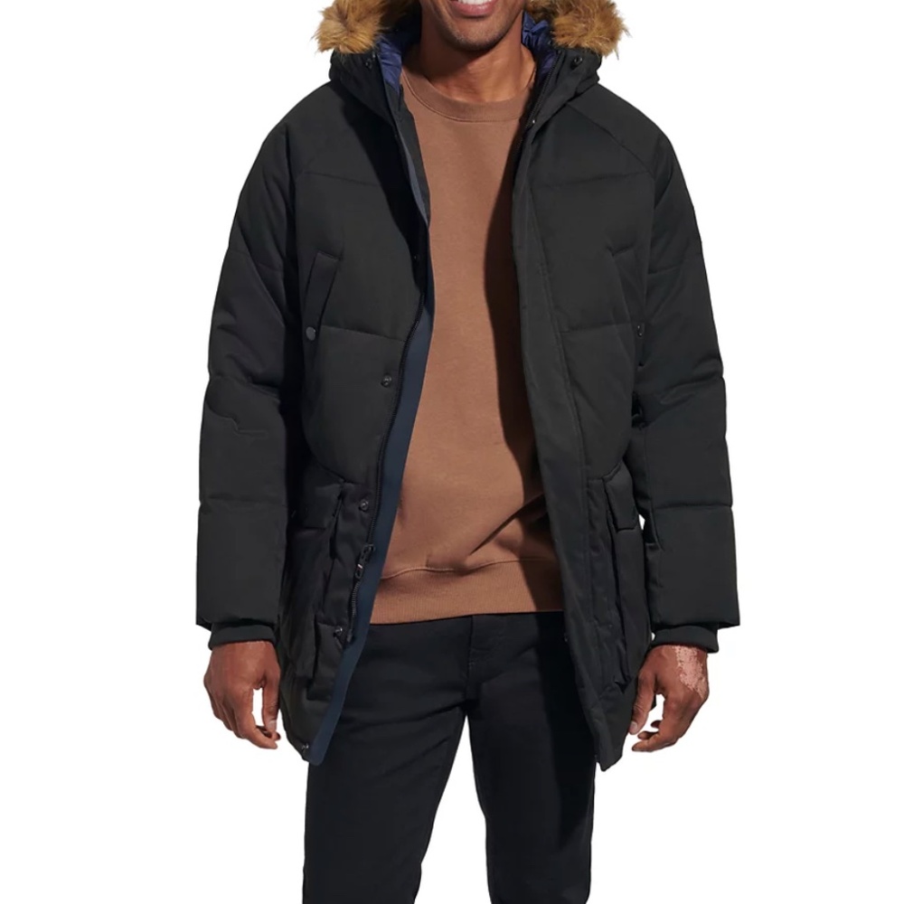 Men's Long Quilted Parka with Removable Faux-Fur Trim